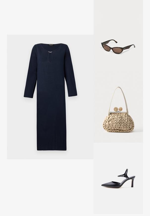 Lange marineblauwe jurk met een ronde hals, driekwart mouwen en een decoratieve zilveren accent bij de hals. Gemaakt van een geweven stof.; Zwarte pumps met spits toelopende neus, dunne enkelriem en zilveren gesp, glad lederen afwerking, elegante damesschoen.; Schildpadbril met een cat-eye ontwerp. Bruine lenzen, slanke pootjes en een glanzende afwerking. Opvallend merklogo op de arm.; Beige geweven handtas met een dikke gevlochten structuur, een enkele schouderriem en een metalen gesp met twee ronde beige bollen bovenop.