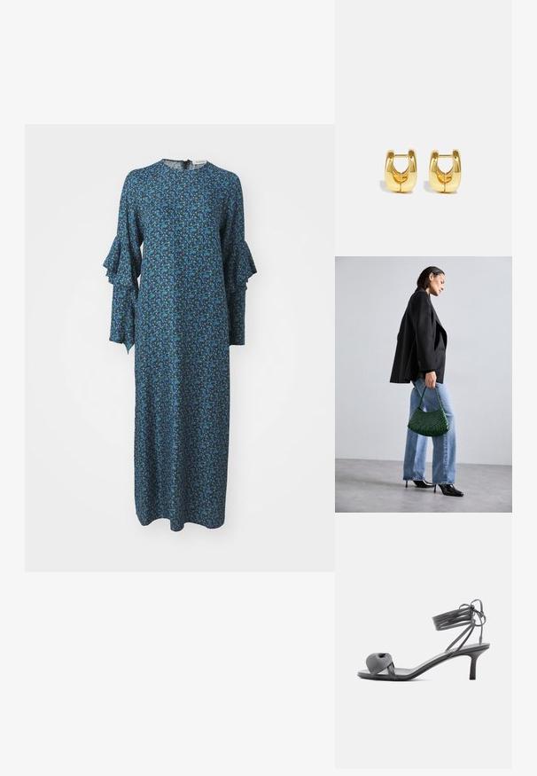 Robe longue bleue avec un motif floral en vert et bleu clair. Présente des manches volantes et un col rond avec une fermeture éclair au dos.; Sandale à talon en cuir gris avec une bride nouée sur les orteils et des lacets enroulants autour de la cheville, sur un talon moyen et fin, sur fond blanc.; DRAGON DIFFUSION ROSANNA - Sac à main - forest; Boucles d'oreilles en or avec un design élégant et arrondi. Présentent un centre creux et une surface brillante, complétant les styles modernes.