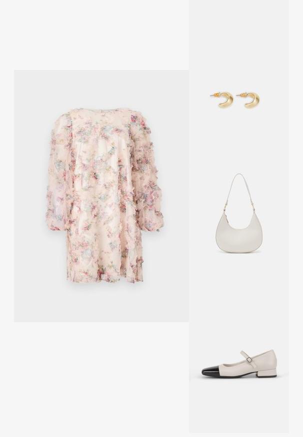 Vestido floral hecho de una tela ligera y transparente con mangas con volantes. Presenta una paleta de colores pastel con patrones florales en rosa, azul y verde.; Zapato estilo Mary Jane en cuero crema con puntera de charol negro. Presenta una punta redonda, tirante en el tobillo con una hebilla cuadrada y un tacón bajo y cuadrado.; Bolso de hombro de cuero crema con forma de media luna, correa delgada y sutil detalle de costuras. Diseño minimalista con acentos de hardware en tono dorado.; Pendientes en forma de media luna de oro con un acabado suave, que presentan acentos naranjas cerca del pasador y herrajes de plata.