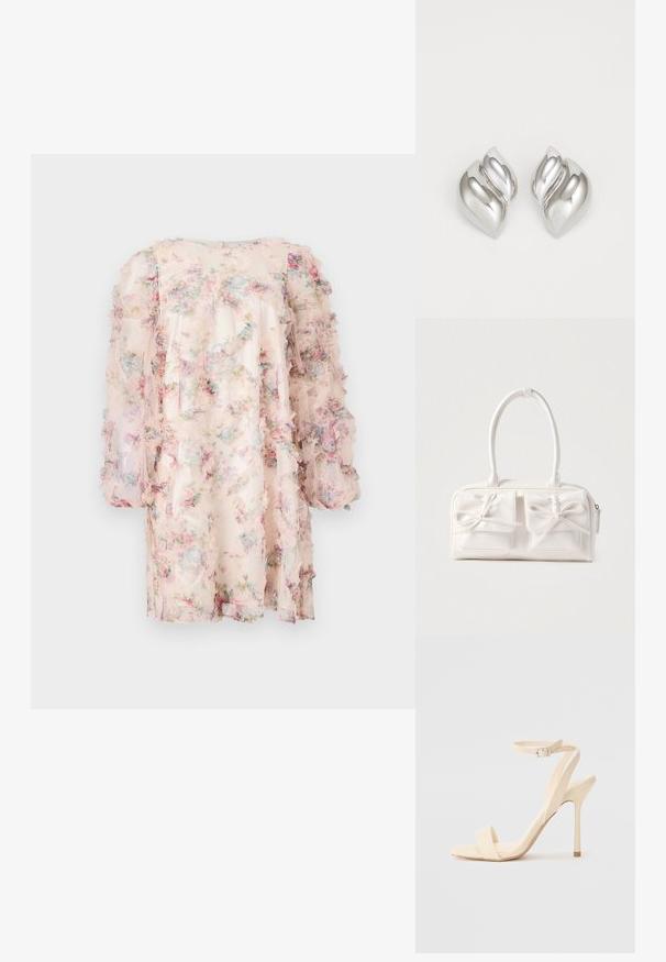 Vestido floral hecho de una tela ligera y transparente con mangas con volantes. Presenta una paleta de colores pastel con patrones florales en rosa, azul y verde.; Sandalia de tacón alto beige con una delgada correa en el tobillo y puntera cuadrada. Material sintético suave, diseño minimalista y tacón de aguja.; Bolso sintético blanco con dos bolsillos delanteros, cada uno con un detalle de lazo atado. Textura suave, asas redondeadas y cierre de cremallera.; Pendientes de plata con una forma orgánica y abstracta. Superficie lisa y brillante con un diseño cónico. Presentan suaves curvas y un detalle de línea central.
