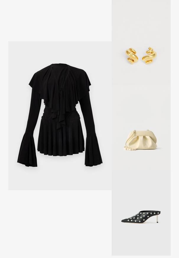 Haut noir avec volants superposés au niveau de l'encolure et manches longues évasées, ourlet plissé et texture de tissu douce.; STAND STUDIO KELSEY - Mules à talons - black; Petit sac à main en cuir jaune pâle avec devant froncé, ferrures dorées et bandoulière réglable sur fond blanc.; Boucles d'oreilles en spirale dorées avec une finition lisse et polie, présentant un design sinueux et une forme épaisse et chunky pour un look audacieux.