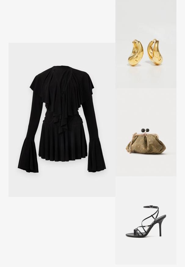 Schwarzes Oberteil mit geschichteten Rüschen am Ausschnitt und langen Glockenärmeln, mit plissiertem Saum und weicher Stofftextur.; Schwarze High-Heel-Sandale mit dünnen Riemen, einem Knöchelverschluss, einer glatten Lederoberfläche und einem schlanken Stiletto-Absatz.; Kleine Clutch mit goldenem und schwarzem geometrischem Muster, goldfarbenem Metallrahmen, schwarzem Kugelverschluss und kurzem goldfarbenem Kettenriemen.; Goldene Creolen mit einer glatten, geschwungenen Form und polierter Oberfläche. Mit einem Verschlussmechanismus und leichten Einkerbungen für Details.