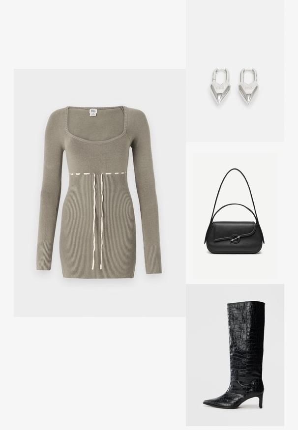 Robe tricotée verte à manches longues, décolleté carré, texture côtelée sur le corps et détail de cordon à la taille en blanc contrastant.; Bottes noires montantes, avec une texture brillante à motif crocodile, bout pointu et talon effilé. Matériau synthétique lisse.; Sac à main en cuir noir avec bords arrondis, rabat asymétrique, fermoir circulaire en métal, et des bandoulières courtes et longues.; Cadenas en forme de cœur en argent avec les inscriptions gravées "OUI" et "NON", finition polie, design symétrique et un robuste fermoir en métal.
