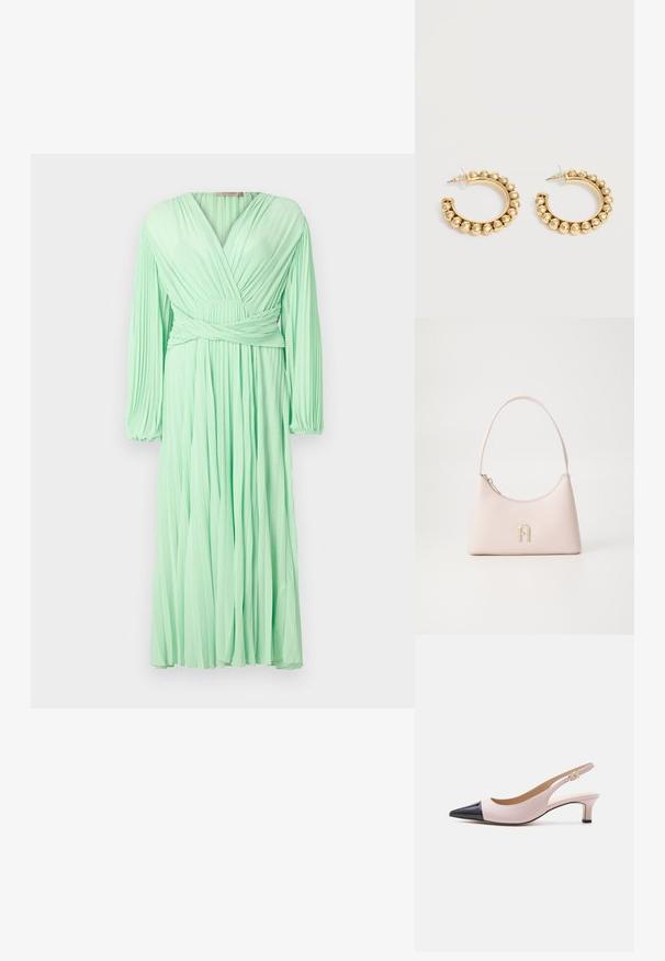 Mintgroen geplooid jurkje met een V-hals en lange mouwen, voorzien van een wikkel taille-detail en vloeiende stof.; Beige en zwarte slingback kittenheel schoen met spitsen teen en kleine gouden gesp op witte achtergrond.; Roze synthetische schoudertas met een gebogen silhouet, een gladde textuur en een gouden logoaccent aan de voorkant. Voorzien van een kort hengsel en een rits.; Een paar gouden creolen met afgeronde kraaldetails langs de buitenrand op een lichte achtergrond.