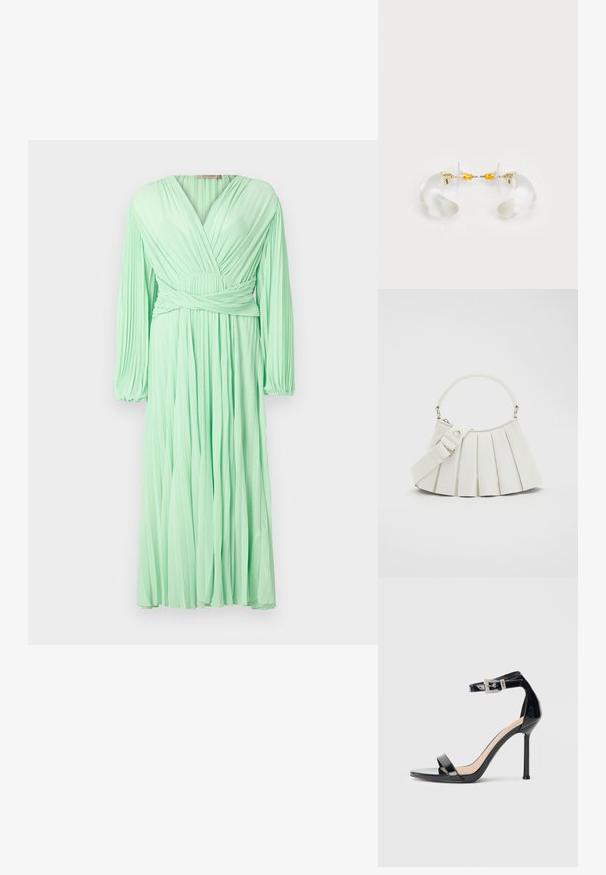 Vestido plisado verde menta con escote en V y mangas largas, que presenta un detalle de cintura envolvente y una tela fluida.; Sandalia de tacón alto en piel sintética negra con correa en el tobillo. Presenta un diseño minimalista, punta abierta y una hebilla con detalles de pedrería.; Lacoste LENGLEN BAG - Bolso de mano - cristalline; Pendientes de aro de acrílico transparente con acentos dorados, que presentan un diseño curvado y un cierre transparente. Textura suave, estilo minimalista.