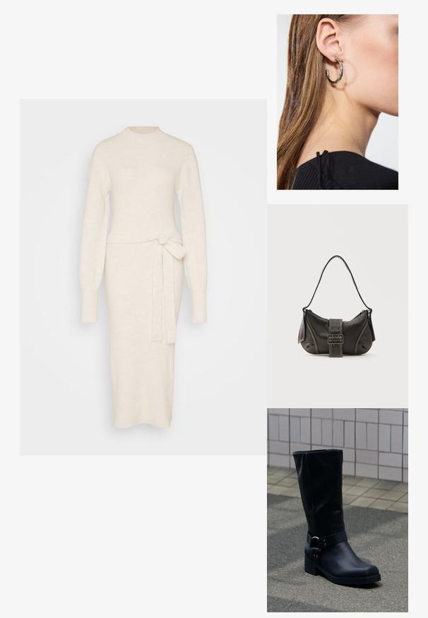 Strikket kjole i off-white med lange ærmer, mock-neck og en bælte detalje i taljen, der har en tætsiddende silhuet.; Sort læderstøvle midt på læggen med lav blokhæle og en dekorativ rem med metal spænde rundt om anklen, på en flisebelagt fortov.; Sort læder skuldertaske med spænde på remmen, afrundede kanter og kontrasterende hvide syninger på en ensfarvet baggrund.; Sølv hoop ørestik med en poleret overflade, prydet med små guld accenter og en rund form, båret på øreflippen.