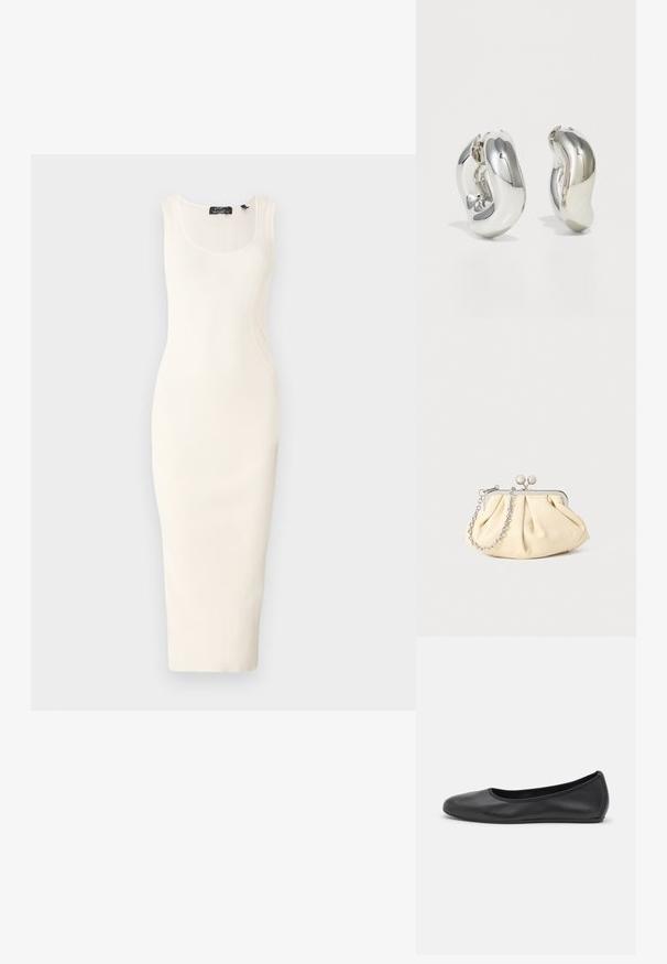 Vestido midi sin mangas de canalé en color blanco roto con una silueta ajustada. Presenta un escote en forma de scoop y sutiles detalles de costura curva.; Bailarina de piel negra con punta redondeada, textura suave, detalle de costura minimalista y diseño de suela flexible.; Clutch de cuero beige plisado con un marco de metal plateado, que cuenta con dos broches decorativos redondos y una correa de cadena plateada.; Pendientes escultóricos de plata con formas suaves y curvas y superficies reflectantes. Presentan un diseño de aro cerrado y una forma orgánica distintiva.