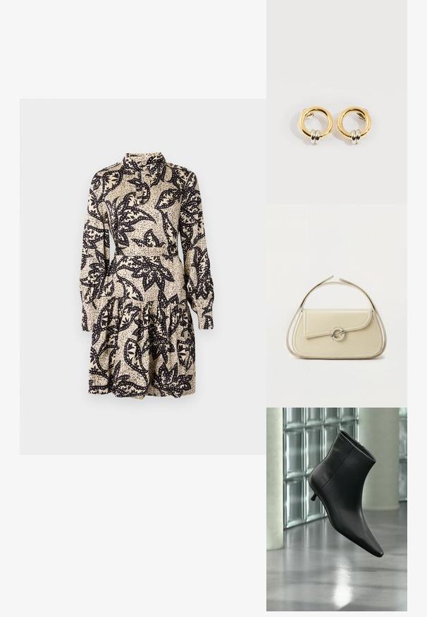 Vestido de estampado floral en crema y negro, con cuello tipo chal, mangas largas y un dobladillo en volantes en capas. Fabricado en un tejido suave.; Botín negro de cuero con punta puntiaguda y tacón bajo estilo kitten, mostrado en ángulo sobre un suelo pulido y con una pared de bloques de vidrio de fondo.; Bolso de mano de cuero beige con solapa curva, cierre circular plateado y asa corta superior sobre un fondo blanco liso.; Pendientes circulares de oro con dos pequeños anillos de plata en cada uno, que muestran detalles sutiles del nombre de la marca grabado, colocados sobre un fondo blanco.
