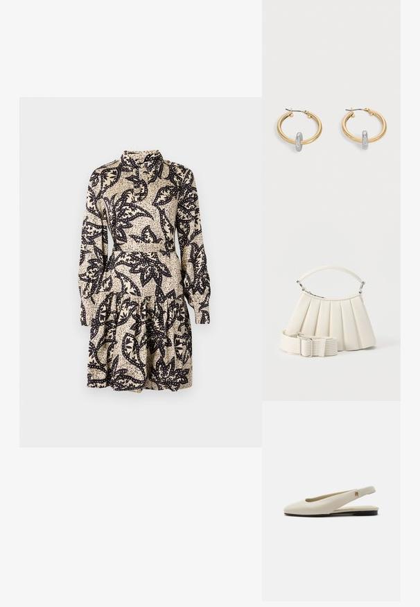 Vestido de estampado floral en crema y negro, con cuello tipo chal, mangas largas y un dobladillo en volantes en capas. Fabricado en un tejido suave.; Zapato plano slingback de cuero color crema con puntera redondeada y pequeño emblema dorado en la correa.; Bolso blanco plisado con asa corta y una correa de hombro ancha y extraíble con textura y hebilla plateada.; Par de pendientes de aro en tono dorado con pequeño detalle de aro en tono plateado en cada uno, expuestos sobre un fondo gris claro.