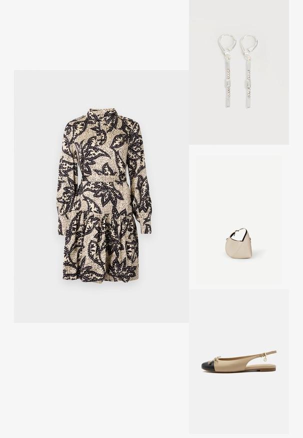 Bloemendruk jurk in cream en zwart, met een kraag, lange mouwen en een gelaagde, gerimpelde zoom. Gemaakt van soepele stof.; Beige slingback platte schoen met zwarte neuskap, klein strikdetail, verstelbare gespband en gouden bedel aan de zijkant.; Beige leren handtas in halvemaanvorm met een enkele schouderband en minimale stiksels, afgebeeld tegen een effen witte achtergrond.; Zilveren hangende oorbellen met rechthoekige en ronde heldere kristallen in een verticale lijn, bevestigd met leverback-sluitingen.