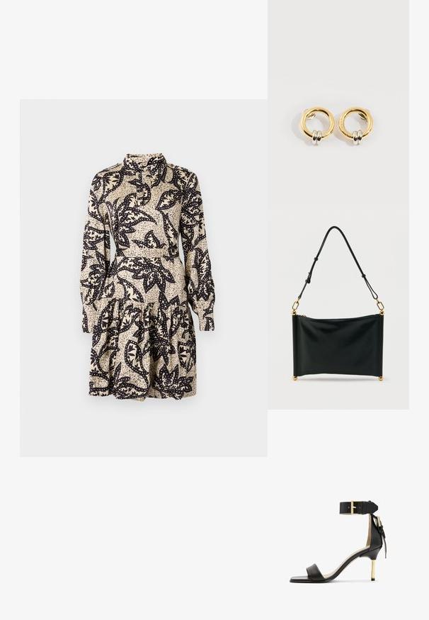 Sukker med blomsterprint i creme og sort, med krave, lange ærmer og et lagdelt, flæset kant. Lavet af glat stof.; Sort læder hæl sandal med firkantet tå, ankelrem med en guldbuckle og en slank metallisk hæl. Glat tekstur, minimalistisk design.; Sort rektangulær læderhåndtaske med justerbar rem, gulddetaljer og lynlåslukning, stående opret mod en hvid baggrund.; Guld cirkulære øreringe med to små sølv-ringe på hver, der viser subtile indgraverede mærkenavne detaljer, sat på en hvid baggrund.
