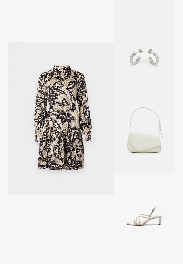 Sukker med blomsterprint i creme og sort, med krave, lange ærmer og et lagdelt, flæset kant. Lavet af glat stof.; Zign by Zalando Pumps - off white; Hvid taske i faux læder med en struktureret trekantet form, enkelt justerbart skulderstrop og en flaplås med kurver.; Sølv metal hoop øreringe med et tekstureret design, der har en lille post bagpå og branding på en af øreringene. Rund form med en poleret overflade.