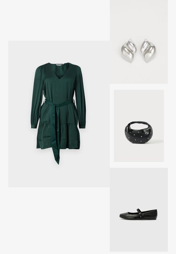 Vestido verde de manga larga en tejido suave y texturizado. Presenta un escote en V, un lazo en la cintura y una falda con volantes. Diseño simple y elegante.; Bailarinas de cuero negro con punta redondeada, suela plana y una delgada correa ajustable en el empeine que cuenta con una hebilla de metal.; Bolso de mano de cuero negro con forma redondeada, decorado con detalles de tachuelas plateadas y un asa corta. Textura lisa y cierre con cremallera.; Pendientes de plata con una forma orgánica y abstracta. Superficie lisa y brillante con un diseño cónico. Presentan suaves curvas y un detalle de línea central.
