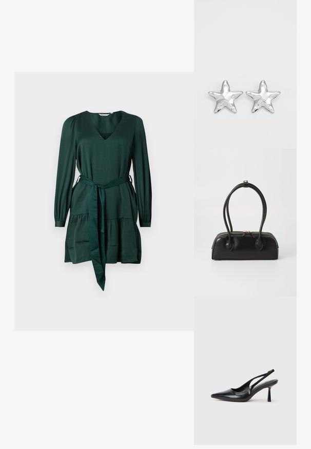 Groene jurk met lange mouwen van zachte, gestructureerde stof. Voorzien van een V-hals, strik in de taille en een gelaagde rok. Eenvoudig, elegant ontwerp.; Zwarte leren slingback hoge hak schoenen met puntige neus en slanke hak op een witte achtergrond.; Zwarte leren handtas met twee verlengde handvatten, ritsluiting en ronde vorm; gladde textuur met subtiele glanzende afwerking.; Zilveren stervormige oorbellen met een gepolijste, glanzende afwerking. Elke oorbel heeft vijf punten en subtiele textuurdetails op het oppervlak.