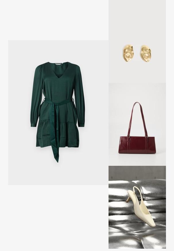 Grünes langärmeliges Kleid aus weichem, strukturiertem Stoff. Mit V-Ausschnitt, Taillenknoten und einem gestuften Rock. Schlichtes, elegantes Design.; Cremfarbener Slingback-Kitten-Heel-Schuh mit quadratischer Spitze, liegend auf einer glänzenden silbernen, gesteppte Lederoberfläche.; Burgunderfarbene Handtasche aus glänzendem Material, rechteckige Form, mit zwei Schulterriemen und subtilen, geschwungenen Akzenten an der Vorderseite.; Paar glänzende, unregelmäßig geformte Ohrstecker aus Goldmetall mit zerknitterter, glatter Oberfläche auf schlichtem hellem Hintergrund.