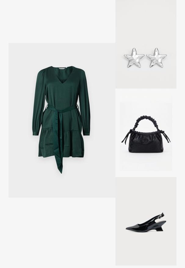 Roheline pikkade varrukatega kleit pehmest, tekstuursetest materjalidest. Omab V-kaelust, vöökoht on sidumiseks ja mitmeastmelist seelikut. Lihtne, elegantne disain.; Mustast lakknahast slingback king, millel on terav nina ja madal kalle plokktald, ühtlase heleda taustaga.; Must käekott krokodillinaha tekstuuriga, voltis ülaservaga, kogutud sangaga ja kummipaeladega tutsidega igal küljel valgel taustal.; Hõbedased tähtkujulised kõrvarõngad, millel on poleeritud, sile pind. Iga kõrvarõnga puhul on viie tipuga ja peene pindade tekstuuriga detailid.
