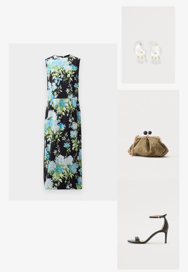 Mouwloze bloemenjurk met een zwarte achtergrond, voorzien van blauwe en groene bloemen, een soepele textuur, een knielange snit en een ronde halslijn.; Zwarte leren hoge hak sandaal met enkelbandje. Heeft een gladde textuur, open teen en een dunne hak. Gouden gesp detail.; Kleine clutch tas met goud-zwart geometrisch patroon, goudkleurig metalen frame, zwarte bolsluiting en een korte gouden kettingband.; Duidelijke hars oorbellen in schelpvorm met kleine gouden accenten en drie hangende doorschijnende druppelvormige bedels aan elk oorbel.