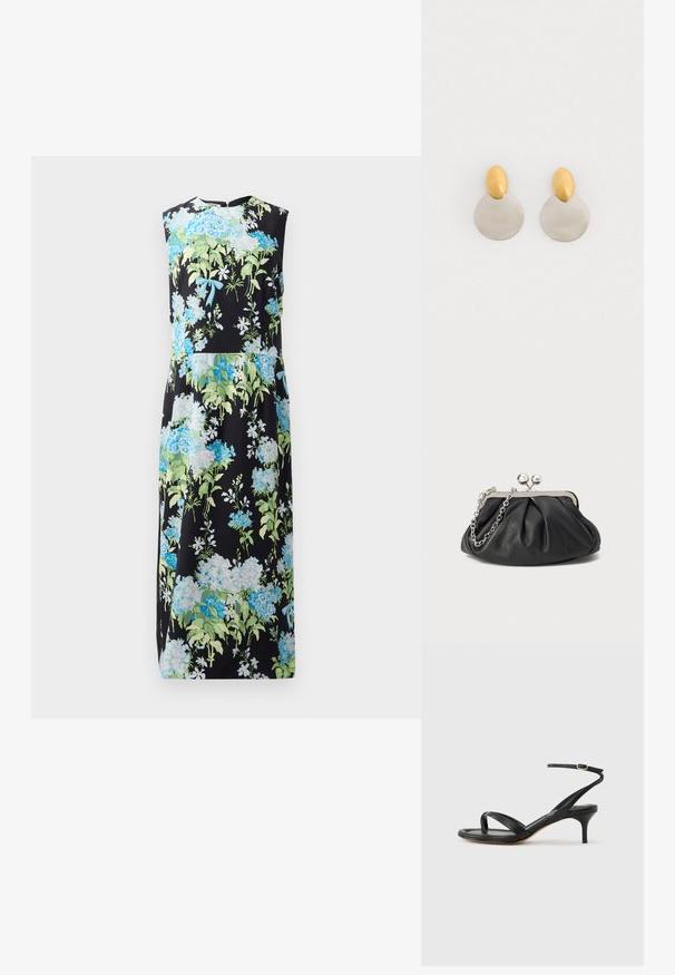 Mouwloze bloemenjurk met een zwarte achtergrond, voorzien van blauwe en groene bloemen, een soepele textuur, een knielange snit en een ronde halslijn.; Zwarte leren dames sandaal met dunne bandjes, een teengreep, een enkelgesp en een stilettohak van gemiddelde hoogte op een neutrale achtergrond.; Zwarte leren clutch met geplooide textuur, zilverkleurig metalen frame, drukknopsluiting en kettingriem. Glad, zacht oppervlak.; Gouden en zilveren metalen oorbellen met een ronde schijfbasis en een ovale bovenstuk, gladde textuur en gepolijste afwerking.