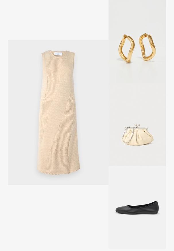 Knie-lang, beiges Strickkleid mit einem strukturierten diagonalen Streifenmuster, ärmellosem Design und Rundhalsausschnitt. Weicher, elastischer Stoff.; Schwarze Leder-Ballettschuhe mit abgerundeter Spitze, glatter Textur, minimalen Nähdetails und einem flexiblen Sohlen-Design.; Faltige beigefarbene Ledertasche mit einem silbernen Metallrahmen, ausgestattet mit zwei runden dekorativen Verschlüssen und einem silbernen Kettenriemen.; Goldfarbene Creolen mit einer kurvenreichen, unregelmäßigen Form und einer glatten, polierten Oberfläche. Keine sichtbaren Beschläge oder Accents.
