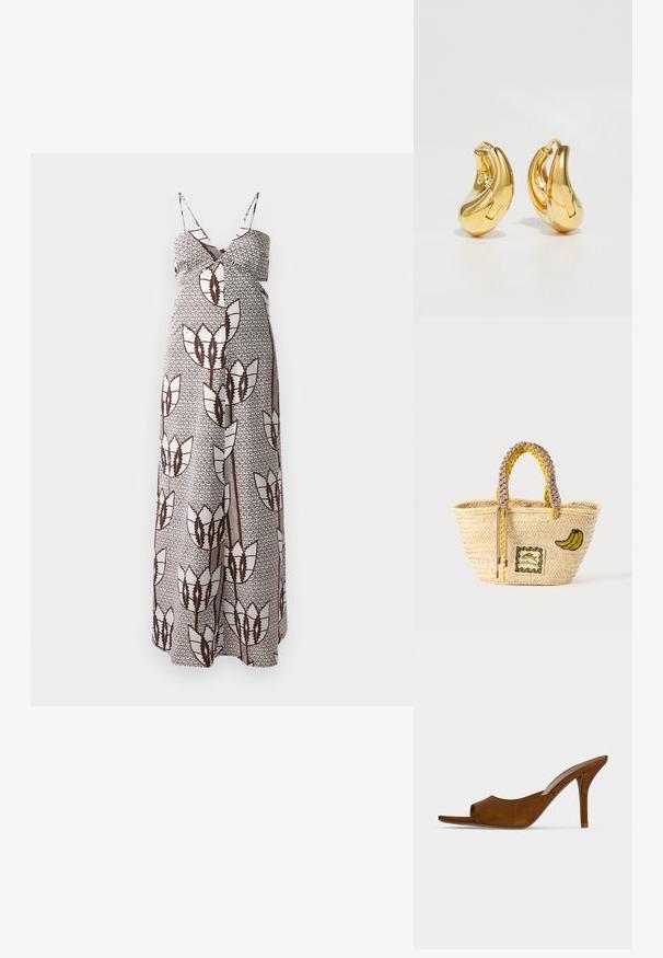 Maxikjole med tynde stropper, der har et brunt og hvidt abstrakt blomstermønster på et tekstureret stof. Elastisk talje for komfort.; Brune ruskind mule med åben tå, slank høj hæl og slip-on design mod ensfarvet baggrund.; Flettet stråtaske med flettede gule og beige håndtag, dekoreret med banan-patch og lille indrammet fiske-design foran.; Guldringeøreringe med en glat, buet form og poleret overflade. Udstyret med en lukkeanordning og lette fordybninger for detaljer.