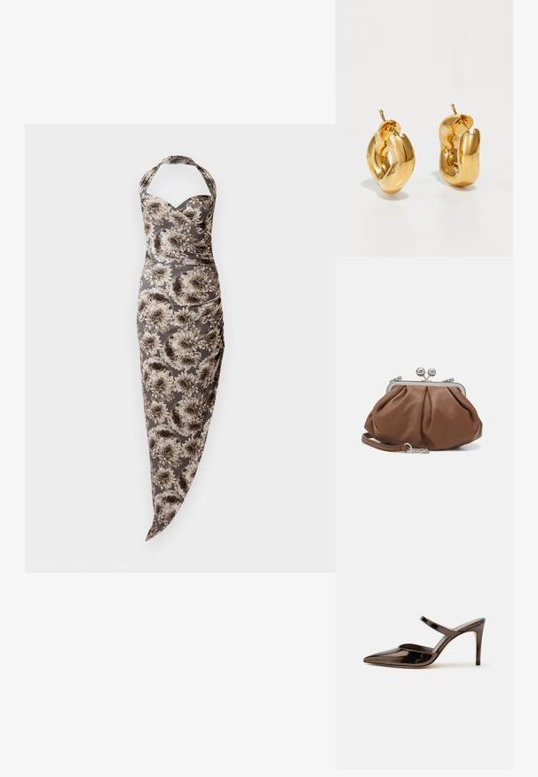 Halter neck fitted kjole med grå og beige store blomsterprint, rynkede sider og asymmetrisk kant.; Skinnende mørkebrune mule med spids tå og høje hæle med en tynd rem over foden på en ensfarvet hvid baggrund.; Weekend Max Mara PRATI - Clutches - cuoio; Chunky guld hoop øreringe med et let snoet, rørformet design og postsystem bagpå, på en hvid baggrund.
