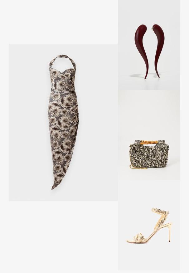 Halter neck fitted kjole med grå og beige store blomsterprint, rynkede sider og asymmetrisk kant.; Guld højhælede sandal med teksturerede vævede remme, ankel spænde og slank stiletthæl på hvid baggrund.; Vævet taske med et struktureret sort og creme mønster, bambushåndtag og en aftagelig guldkæde-strop. Kompakt rektangulær form.; Røde, glansfulde øreringe med en bølgende, forlænget form, der taperer til en spids, med en stift-backing til fastgørelse.