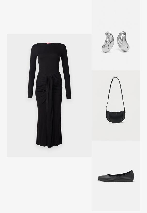 Robe noire à manches longues avec un corsage ajusté, texture froncée à la taille et ourlet droit, fabriquée en tissu extensible doux.; Ballerines en cuir noir avec un bout rond, texture lisse, détails de couture minimalistes et design de semelle flexible.; Sac bandoulière en cuir noir en forme de croissant avec bandoulière réglable et petit logo doré au centre avant.; Boucles d'oreilles en argent en forme de créoles avec une finition incurvée et brillante, et un design sans couture. Équipées d'une fermeture à charnière pour un port sécurisé.