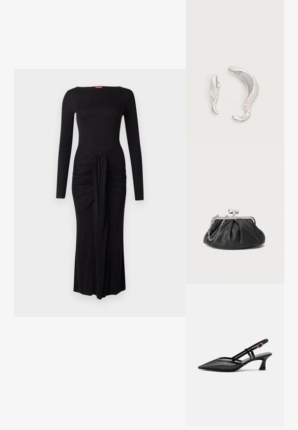 Robe noire à manches longues avec un corsage ajusté, texture froncée à la taille et ourlet droit, fabriquée en tissu extensible doux.; Chaussure slingback noire à bout pointu avec tige en mesh, fines brides, boucle dorée et petit talon incurvé sur fond blanc.; Porte-monnaie en cuir noir avec texture froncée, cadre en métal argenté, fermeture à verrouillage kiss-lock et bandoulière en chaîne. Surface lisse et douce.; Deux boucles d'oreilles argentées courbées, l'une plus grande que l'autre, toutes deux ornées de petits cristaux scintillants le long d'un bord.