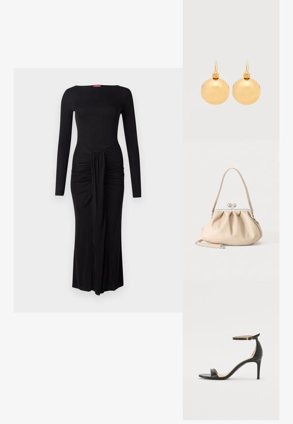 Robe noire à manches longues avec un corsage ajusté, texture froncée à la taille et ourlet droit, fabriquée en tissu extensible doux.; Sandale à talons hauts en cuir noir avec une lanière de cheville. Présente une texture lisse, un bout ouvert et un talon fin. Détail de boucle en ton doré.; Sac à main en cuir souple beige avec un fermoir en métal argenté, une bandoulière simple et une bandoulière chaîne optionnelle sur fond blanc.; Paire de boucles d'oreilles boule de Noël dorées brillantes avec fermoirs à crochet sur fond blanc uni.