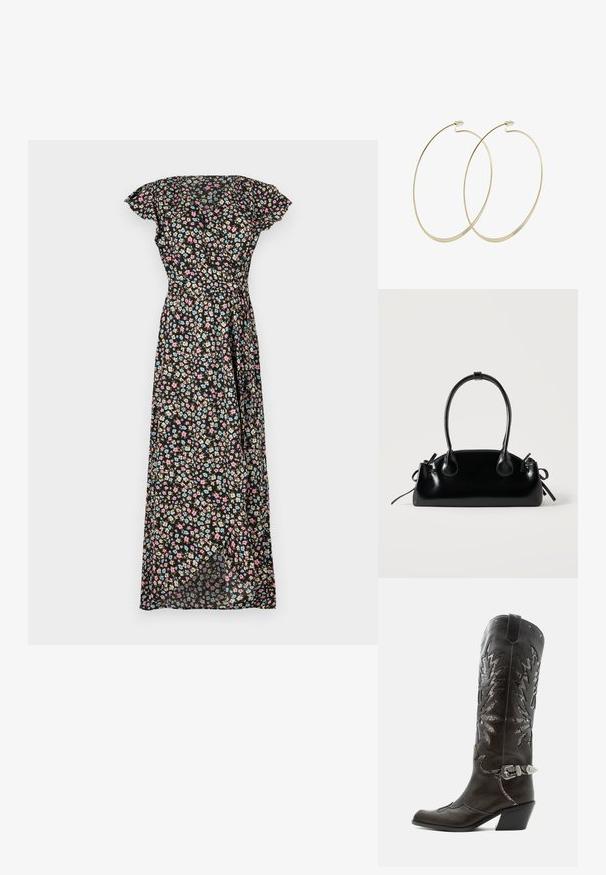 Zwarte bloemen maxi-jurk met korte fladdermouwen, voorzien van een getailleerde taille en een vloeiende rok versierd met roze, blauwe en beige bloemen.; Zwarte leren cowboylaars met decoratieve uitsnijdingen, zilveren gesp en schuine hak, weergegeven op een witte achtergrond.; Kleine zwarte glanzende handtas met twee lange hengsels en zijkant trekkoord details op een effen lichte achtergrond.; Pilgrim Oorbellen - gold-coloured