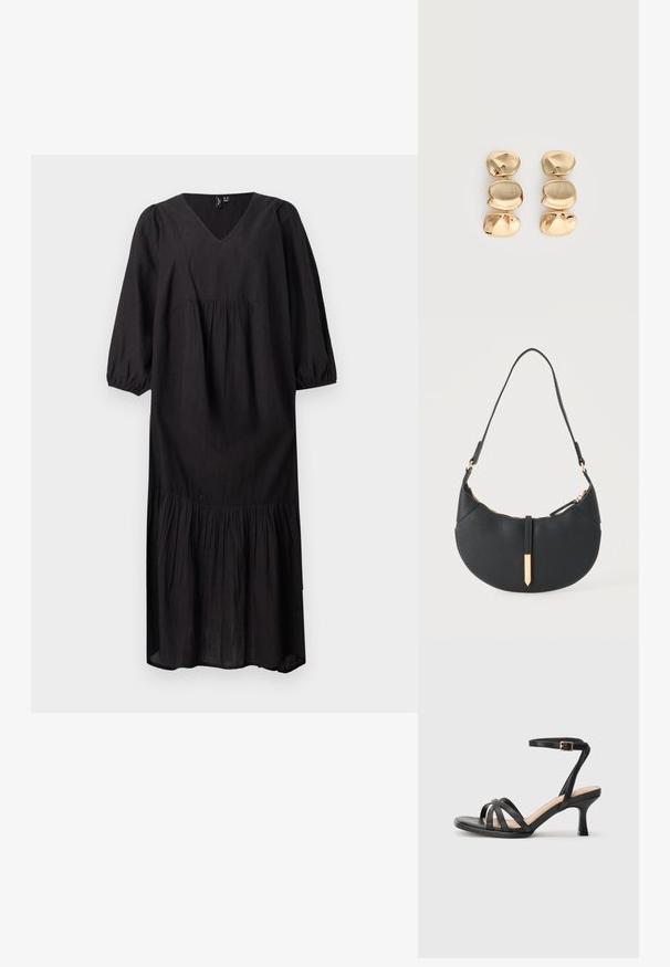 Robe midi noire avec col en V, manches longues bouffantes, taille froncée et jupe à étages sur fond blanc.; Sandales à talons noirs avec plusieurs fines lanières sur le bout, une seule lanière à la cheville avec une boucle dorée, et un bout carré.; Sac à main noir en forme de croissant avec une bandoulière unique, une fermeture éclair dorée et une languette décorative rectangulaire dorée à l'avant.; Boucles d’oreilles pendantes ton or avec trois segments irréguliers, lisses et arrondis empilés verticalement sur un fond clair uni.