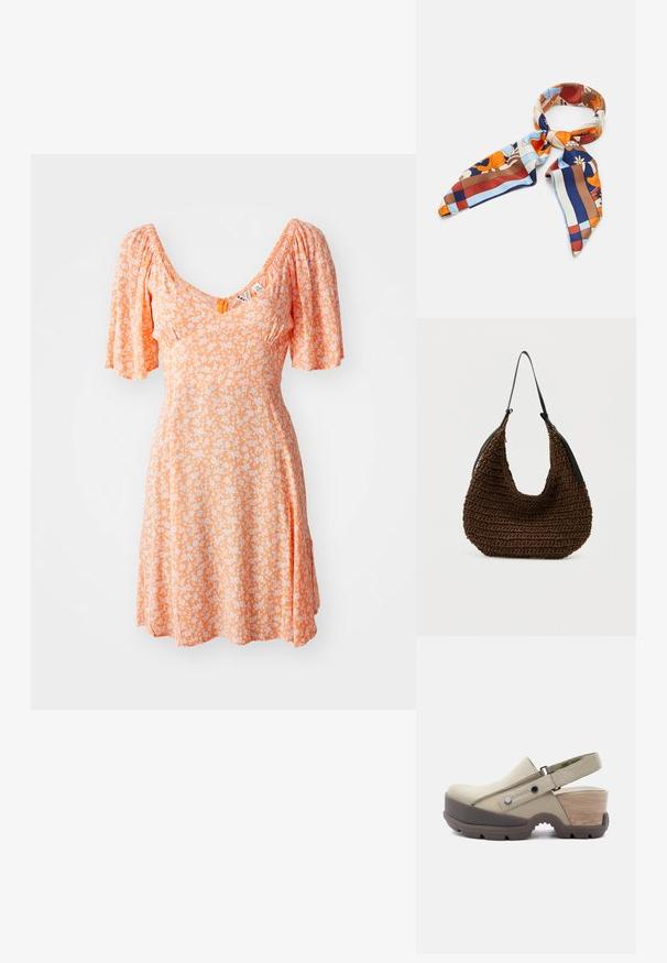 Robe orange avec des manches ballon, un décolleté en V, ornée d'un motif floral blanc. Tissu fluide, design de longueur au genou, et détails froncés.; Sabot beige à bout fermé avec bride réglable à la cheville, semelle épaisse marron à crampons et talon bloc à texture bois.; Écharpe en soie avec un motif floral et géométrique coloré dans des teintes d'orange, bleu, brun et crème. Extrémités triangulaires avec une texture lisse.; Sac à main tressé marron avec une forme douce et arrondie et une seule sangle d'épaule noire mince sur un fond uni.
