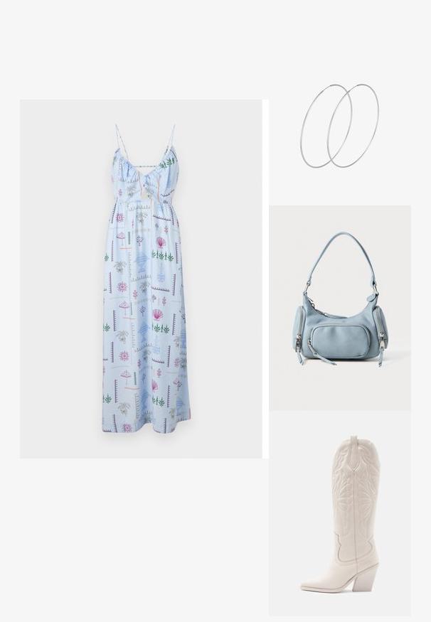 Vestido largo de color azul claro con tirantes finos, que presenta un escote fruncido y un estampado colorido de temática veraniega de plantas y conchas en toda la prenda.; Bota vaquera de cuero blanco con punta afilada y tacón bloqueado. Presenta patrones de costura intrincados en el caña y una textura suave.; Bolso de mano de cuero azul claro con forma redondeada, dos bolsillos con cremallera, un asa corta y acentos de hardware en plata. Textura suave.; Pendientes de aro plateados con un diseño minimalista. Forma circular, textura suave y perfil delgado. Livianos con un acabado pulido.