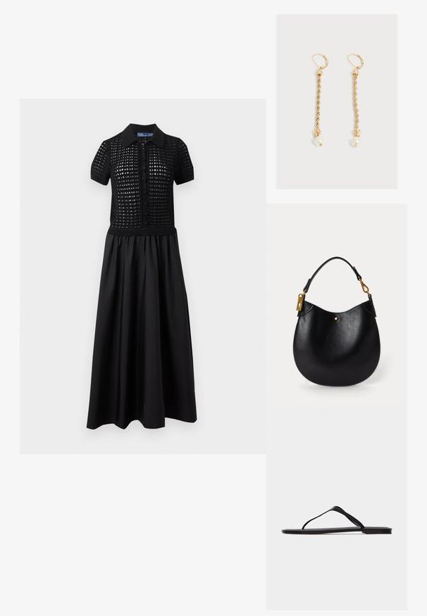 Sort maxikjole med kortærmet hækle top, knapper foran, polokrave og ensfarvet flydende nederdel.; Sort flad flip-flop sandal med tynde remme og minimalistisk design vist fra siden på en ensfarvet lys baggrund.; Sort læderhandtaske med afrundet form, kort hank, guldhardware og en diskret guldprikkedetalje på forsiden. Glat tekstur.; Guld snoet kæde dråbe øreringe med lås med lås, hver afsluttet med en enkelt hvid perle.