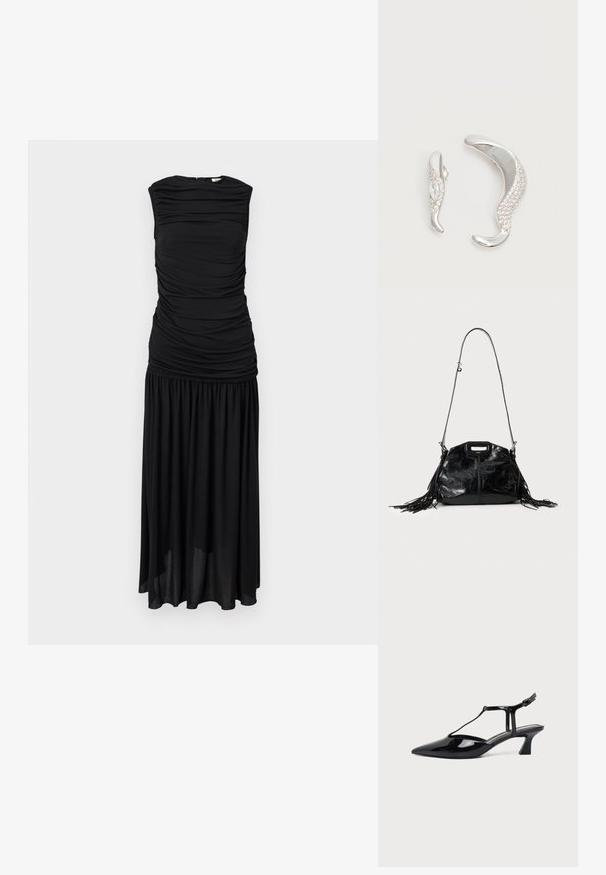 Robe midi noire sans manches avec corsage froncé et jupe plissée, fermeture éclair à l'arrière, présentée sur un fond clair uni.; Chaussure slingback en cuir verni noir à bout pointu avec bride en T et petit talon bloc incliné sur fond blanc.; Sac à main en cuir noir brillant avec une longue fine bandoulière et des pompons à franges des deux côtés sur un fond clair.; Deux boucles d'oreilles argentées courbées, l'une plus grande que l'autre, toutes deux ornées de petits cristaux scintillants le long d'un bord.