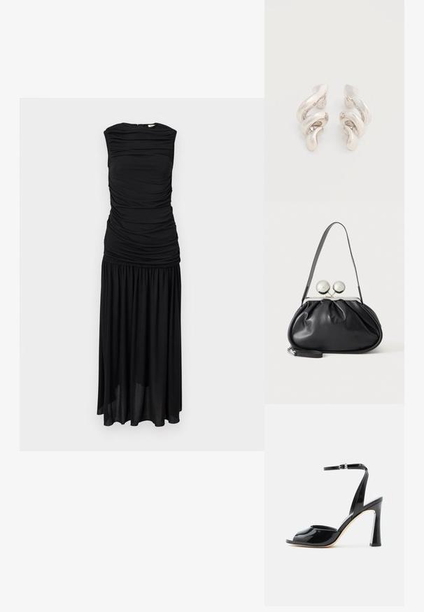 Robe midi noire sans manches avec corsage froncé et jupe plissée, fermeture éclair à l'arrière, présentée sur un fond clair uni.; Sandale à talon haut en cuir verni noir avec bout ouvert et fine bride à la cheville avec boucle sur fond blanc.; Sac à main en cuir noir avec un design plissé, une sangle unique, un cadre métallique argenté et deux grandes fermoirs ronds en argent.; Boucles d'oreilles clips en métal argenté torsadé avec une finition lisse et brillante, présentant un design moderne et abstrait en spirale.