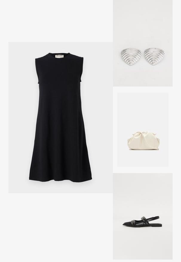 Must kardiganita kleit, mis on valmistatud pehmest kangast, ümmarguse kaelusega ja A-lainelise lõikega, ilma lisamustereta või aktsentideta.; Even&Odd by Zalando Kannarihmaga baleriinad - black; Pehme kergelt kreemikas nahast klapi-tüüpi kott kokkutõmmatud volditud disainiga ning õhuke õlarihm ees rahuldaval taustal.; Hõbedased kõrvarõngad, millel on laineline, tekstureeritud disain, mis on kujundatud nagu kattuvad poolkuud; poleeritud viimistlus tugevdab peegeldavaid omadusi.