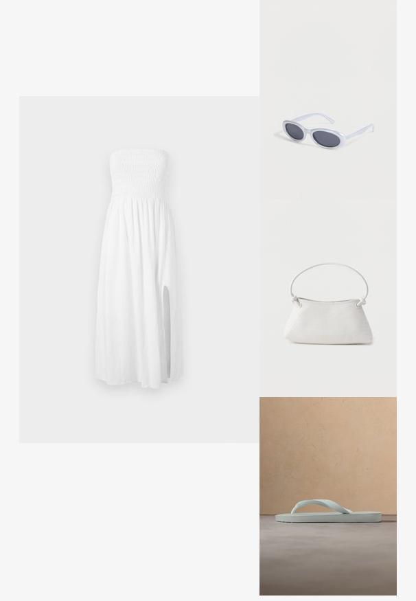 Λευκό strapless φόρεμα φτιαγμένο από ελαφρύ ύφασμα. Διαθέτει ελαστική μέση και άνοιγμα στο πλάι για επιπλέον λεπτομέρεια. Το μήκος φτάνει κάτω από το γόνατο.; Μονό απλό μπεζ πλαστικό σανδάλι τύπου σαγιονάρα με υφασμάτινο πάτο και λουράκι σε σχήμα Υ σε απλό γκρι φόντο.; Οβάλ γυαλιά ηλίου με λευκό σκελετό και σκούρους φακούς που ακουμπούν σε λευκή επιφάνεια.; Λευκή πλεκτή δερμάτινη τσάντα χειρός με στρογγυλεμένη λαβή και δέσματα στα άκρα του ιμάντα, εκτεθειμένη μπροστά σε απλό φόντο.