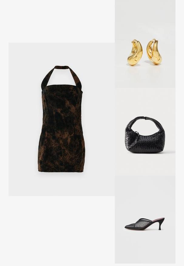 Brun fløjls halterneck kjole med en tætsiddende form og abstrakt mønster. Tekstureret stof og firkantet udskæring.; Sort mesh mule med spids tå, tynde stropper og 3-tommer stiletto hæl. Har en gennemsigtig struktur og en ensfarvet sål.; Sort flettet håndtaske med en rundet form, tekstureret finish og et buet håndtag. Har et diskret logo på forsiden.; Guldringeøreringe med en glat, buet form og poleret overflade. Udstyret med en lukkeanordning og lette fordybninger for detaljer.