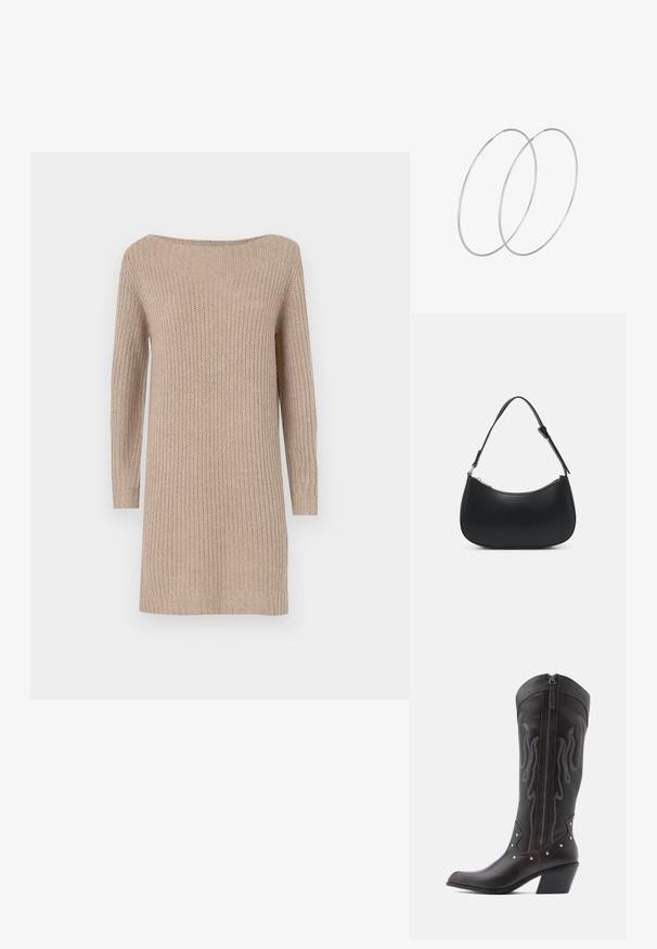 Strikklædt kjole i beige med off-the-shoulder udskæring, lange ærmer, ribbet tekstur og en afslappet pasform.; Brune læder cowboystøvler med flammebroderi, sidelukning med lynlås, sølvnitter, spids snude og lagdelt hæl.; Pieces PCALUANA SHOULDER BAG - Håndtasker - black; Sølvøreringe med et minimalistisk design. Cirkulær form, glat tekstur og tynd profil. Letvægtige med en poleret overflade.