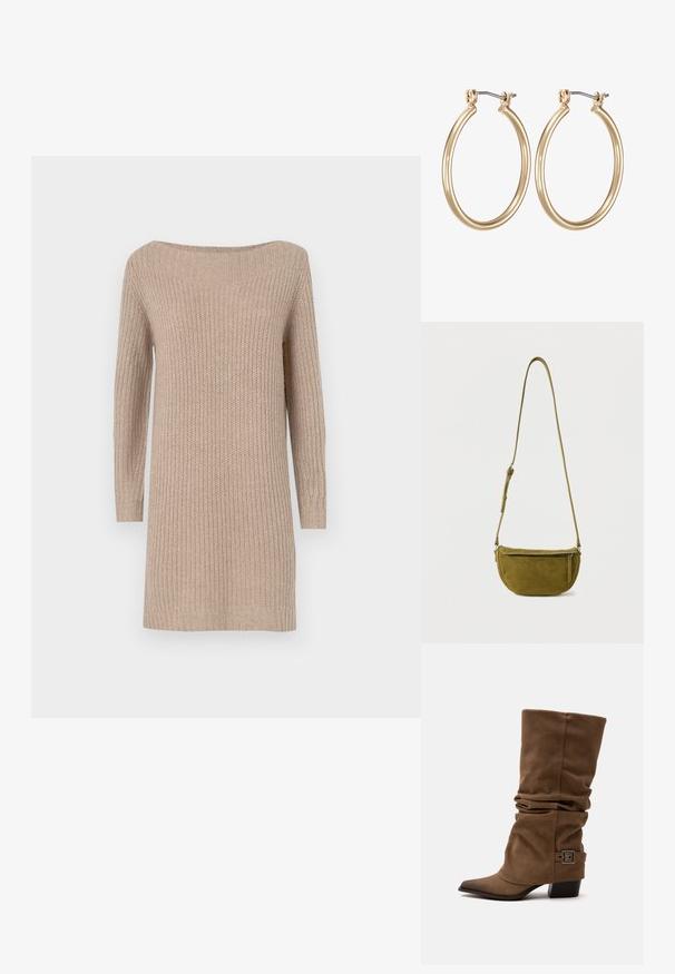 Strikklædt kjole i beige med off-the-shoulder udskæring, lange ærmer, ribbet tekstur og en afslappet pasform.; Brun slacky mid-kalv støvle med spids tå, lav blokhæl og dekorativ spænde rem nær anklen på en ensfarvet hvid baggrund.; Olivengrøn ruskind skuldertaske med justerbar rem og lynlåslomme foran på ensfarvet hvid baggrund.; Guldfarvede metal hoops øreringe med et glat, cirkulært design og en sikret hængsel-lukning. Letvægts med en poleret overflade.