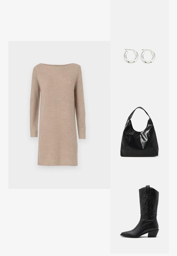 Beige kudumeln dress, millel on õlavarrevaheline kaelus, pikad varrukad, soonikstruktuur ja vabalt laskuv lõige.; Must have mustakotkad nahast saapad terava ninaga, ehted keerlevate mustritega ja keskmise kõrgusega kontsaga. Omab tõmberiba lihtsaks selga panemiseks.; Mustast nahkloomast hobokott, millel on pehme, läikiv tekstuur ja ümar avatud ülemine osa. Omab laia, kõverat rihma kandmiseks. Ei ole nähtavat riistvara.; Hõbedased rõngaskõrvarõngad poleeritud viimistlusega, ringikujulise kujuga ja hingedega kinnitusega. Sile tekstuur minimaalsete detailidega.