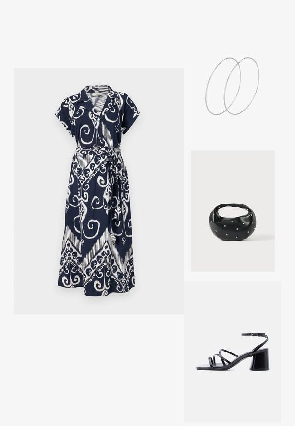 Vestido azul marino con patrones ondulados blancos, mangas cortas, cuello con solapa y cintura anudada. Tela ligera con un diseño fluido.; Sandalia de mujer negra con tacón grueso, tres tiras finas sobre los dedos y correa en el tobillo con hebilla plateada sobre fondo blanco.; Bolso de mano de cuero negro con forma redondeada, decorado con detalles de tachuelas plateadas y un asa corta. Textura lisa y cierre con cremallera.; Pendientes de aro plateados con un diseño minimalista. Forma circular, textura suave y perfil delgado. Livianos con un acabado pulido.