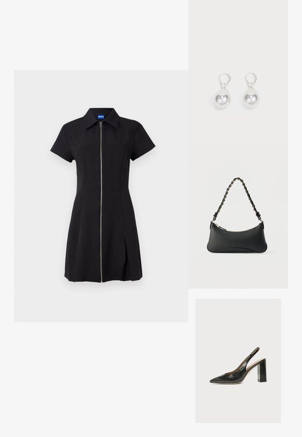 Zwarte jurk met korte mouwen, voorritssluiting, kraag en een zijsplit. Gemaakt van zachte stof, met een subtiele logo op de borst.; Zwarte leren dames slingbackpumps met spitse neus en dikke hoge blokhak op witte achtergrond.; Zwarte lederen schoudertas met een gebogen rechthoekige vorm, gouden ketting verweven in een gevlochten zwarte band, en een ritssluiting bovenop.; Zilveren druppeloorbellen met gladde, ronde, reflecterende oppervlakken die hangen aan klapring-sluitingen. Achtergrond is puur wit.