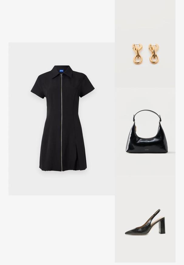 Sort kjole med korte ærmer, lynlås foran, krave og slids i siden. Lavet af glat stof, med et diskret logo på brystet.; Sort læder peep-toe slingback sko med høj blokhæl og beige indvendig foring mod en ensfarvet lys baggrund.; Sort blank Calvin Klein håndtaske med gyldent lynlås og kort rem mod en ensfarvet hvid baggrund.; Par af skinnende guldfarvede hoop-øreringe med snoet, flettet design på en enkel hvid baggrund.