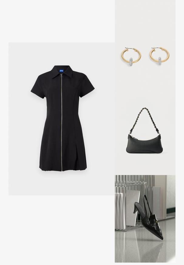 Zwarte jurk met korte mouwen, voorritssluiting, kraag en een zijsplit. Gemaakt van zachte stof, met een subtiele logo op de borst.; Zwarte leren slingback hak met puntige neus, franjes en gouden knoopdetail, op een reflecterende vloer vlakbij metalen ordnerhouders.; Zwarte lederen schoudertas met een gebogen rechthoekige vorm, gouden ketting verweven in een gevlochten zwarte band, en een ritssluiting bovenop.; Paar goudkleurige creolen met kleine zilverkleurige lusdetail op elk, weergegeven tegen een lichtgrijze achtergrond.