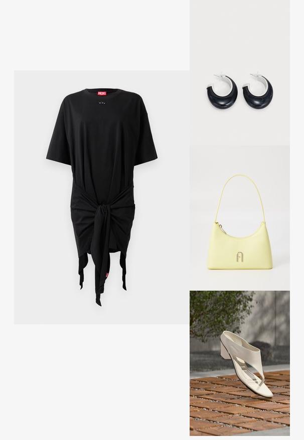 Robe t-shirt en coton noir à manches courtes, avec un détail noué à la taille et une étiquette logo. Texture douce et coupe décontractée.; Sandale à talon en cuir blanc avec une large bride et un entre-doigts, exposée en extérieur sur une surface carrelée en bois et en gravier avec de la verdure en arrière-plan.; Sac à main en simili cuir jaune avec une texture lisse, une forme arrondie et une bandoulière fine ; il présente un logo métallique "A" sur le devant.; Boucles d'oreilles en résine noire avec une finition brillante et des accents en métal argenté. Forme circulaire avec une découpe et une fermeture à tige.