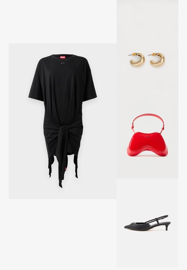 Robe t-shirt en coton noir à manches courtes, avec un détail noué à la taille et une étiquette logo. Texture douce et coupe décontractée.; Chaussures noires à talon slingback avec un bout pointu, en matériau lisse, dotées d'un petit talon et d'un accent décoratif en argent sur le dessus.; Sac en cuir verni rouge avec une forme incurvée et ergonomique, doté d'une fine sangle réglable et d'un discret logo sur le devant.; Deux boucles d'oreilles en forme de cerceau en or brillant, avec un design courbé, présentant des accents orange près de la tige, sur fond blanc uni.
