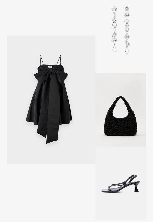AMUR ROSE BABY DOLL DRESS - Juhlamekko - black; Musta nahkainen naisten sandaali, jossa on ohuet hihnat, neliönmuotoinen kärki, säädettävä nilkkahihna ja levenevä keskipitkä korko.; Loeffler Randall SMOCKED HOBO - Käsilaukku - black; Pitkät roikkuvat korvakorut, jotka koostuvat kirkkaista jalokivistä eri muodoissa, mukaan lukien timantit ja pisarat, asetettuna hopeametalliin.