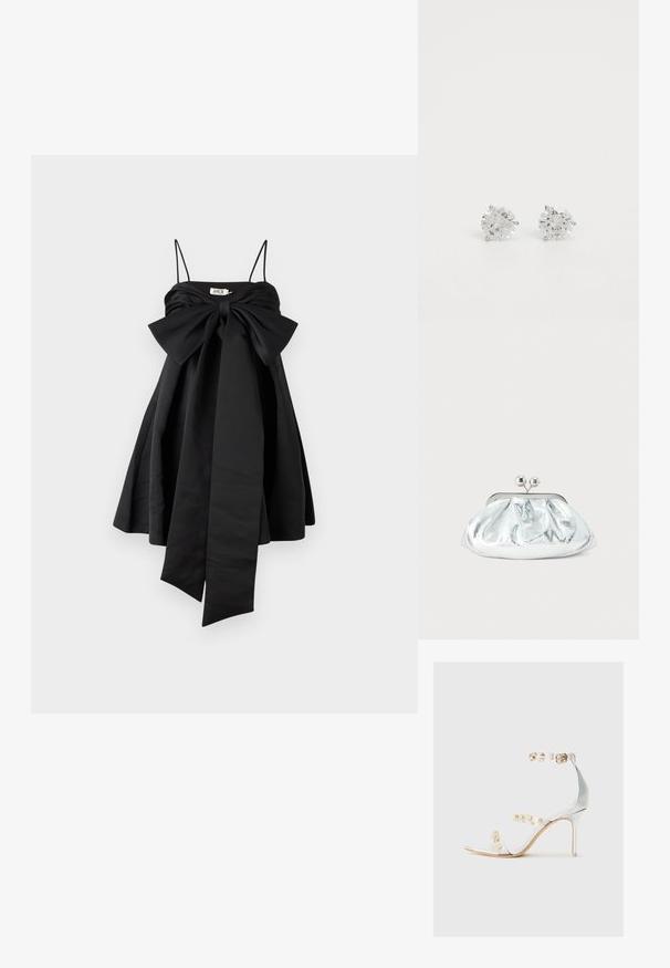 AMUR ROSE BABY DOLL DRESS - Kokteilikleit/peokleit - black; Selged kontsade sandaalid, mis on kaunistatud kuldsete nupukestega läbipaistvate rihmadega, kitsas konts ja avatud varvaste disain, millel on sile ja läikiv viimistlus.; Väike hõbedane metallist õlalõikaja ümarate, volditud detailidega ja sulguriga, millel on kaks hõbedast palli.; Ümmargused stud-kõrvarõngad selgete vääriskividega, paigutatud hõbedatooni metallist. Igal kõrvarõngal on neli pliiatsi, mis hoiavad kive kindlalt paigal.